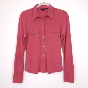 Boden 100% silk jersey button up shirt top long sleeve preppy slim stretch pink